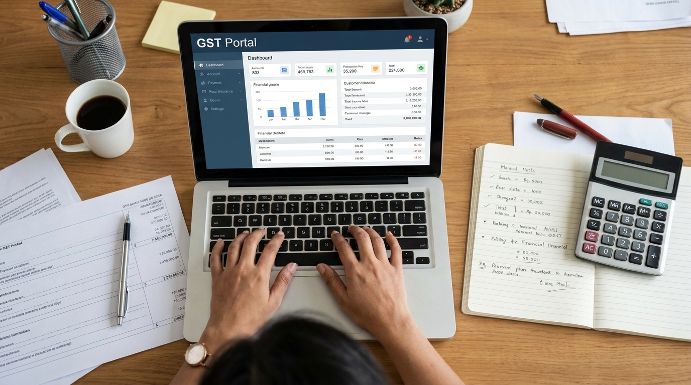 A bright, professional top-down view of an Indian startup founder reviewing financial documents on a laptop with a prominent "GST Portal" screen visible, next to a notebook and calculator.
