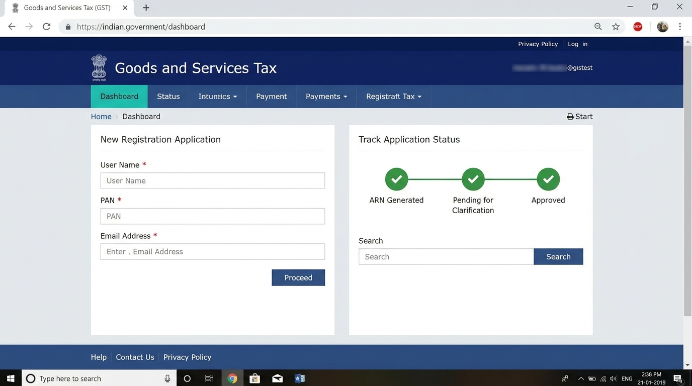 Screenshot of the official Indian GST Portal dashboard showing the new registration application interface and tracking steps