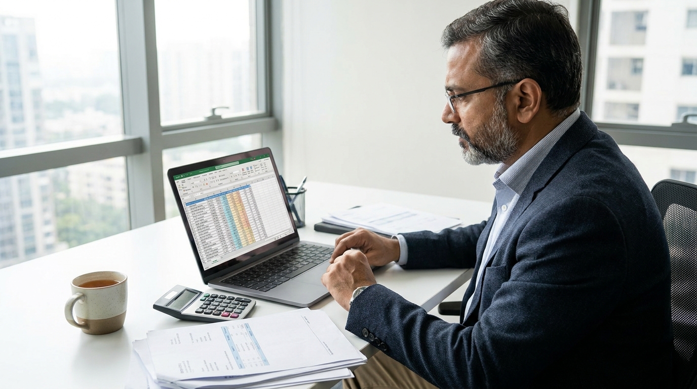 A professional Indian Chartered Accountant reviewing financial documents on a laptop with a calculator and a cup of tea on a well-lit modern desk.