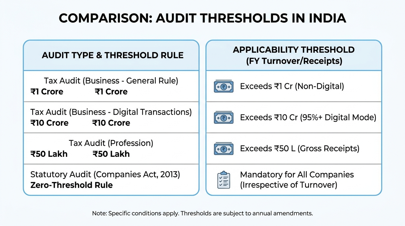 A clean comparison table showing the ₹1 crore, ₹10 crore, and ₹50 lakh thresholds for tax audits next to the zero-threshold rule for statutory audits.