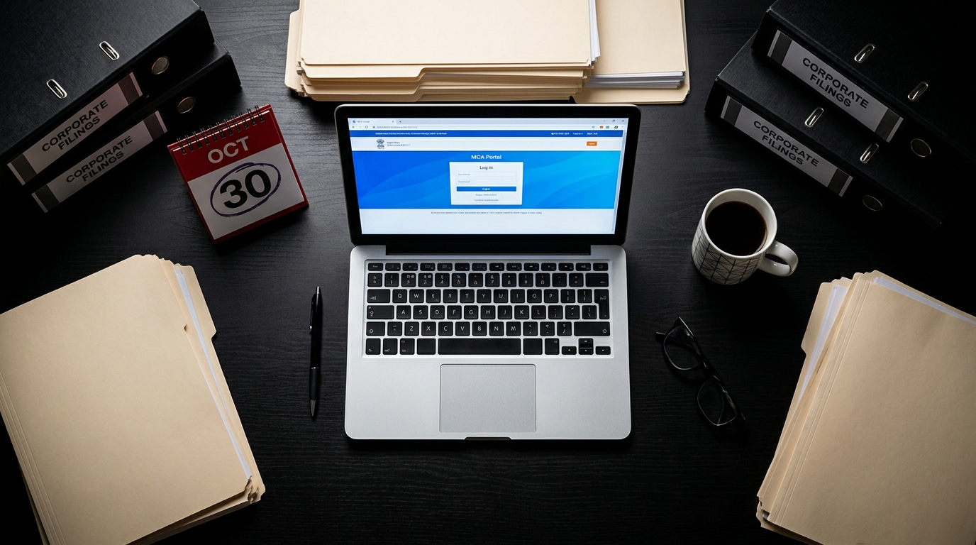 High-contrast flat lay of a minimalist desk featuring a glowing laptop screen displaying the MCA portal, surrounded by organized corporate documents and a red calendar highlighting October 30