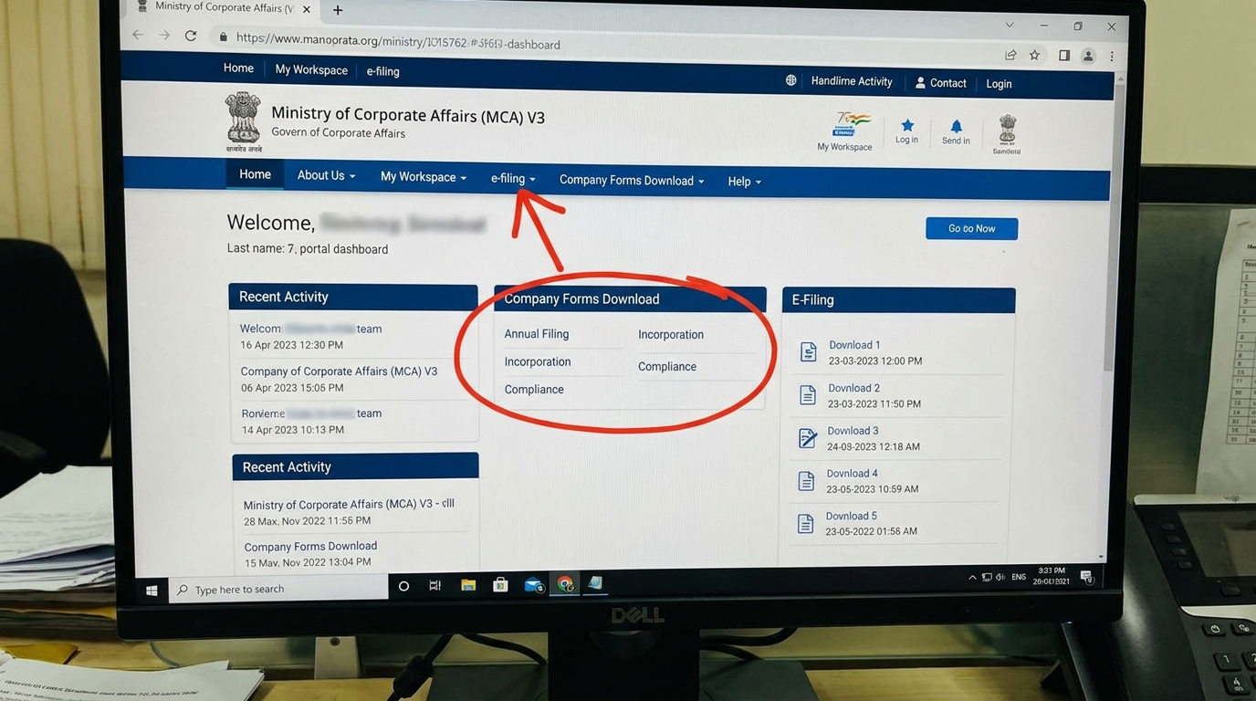 Screenshot of the MCA V3 portal dashboard highlighting the 'Company Forms Download' section, with a red arrow pointing to the e-filing tab