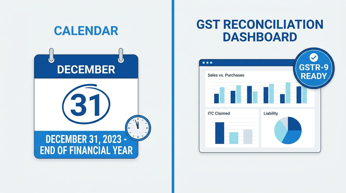 A split-screen graphic showing a calendar prominently marking December 31 on the left side, and a digital dashboard displaying GST reconciliation charts with a "GSTR-9 Ready" badge on the right side, using a professional blue and white color scheme.