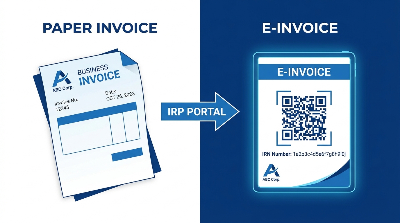 Split-screen illustration showing a business invoice on the left transforming into a QR-coded e-invoice with IRN number on the right, connected by an arrow labeled "IRP Portal", clean blue and white corporate design