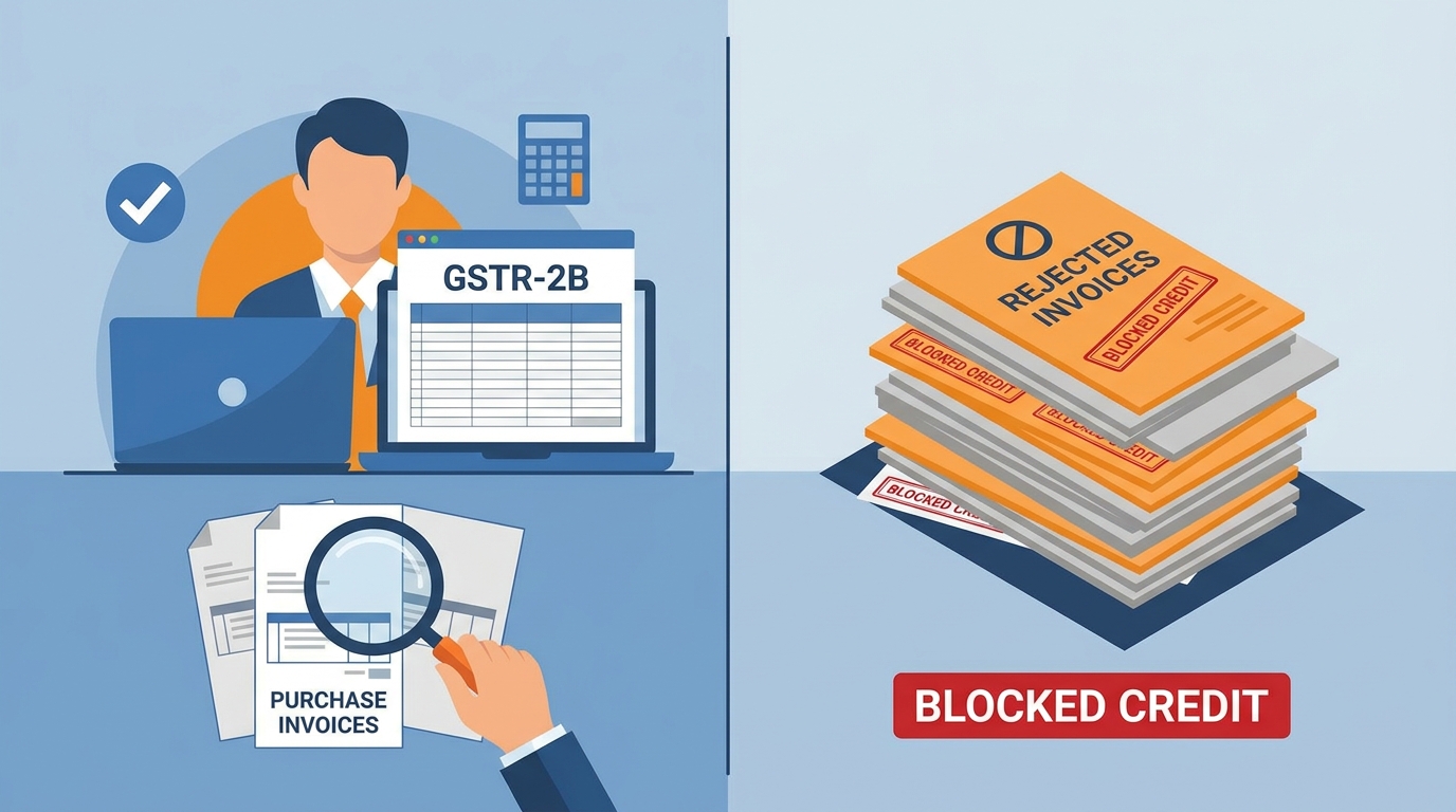 Split-screen illustration showing a small business owner on one side reconciling purchase invoices against a laptop screen displaying GSTR-2B, and a stack of rejected invoices marked "blocked credit" on the other side, clean flat design in blue and orange tones