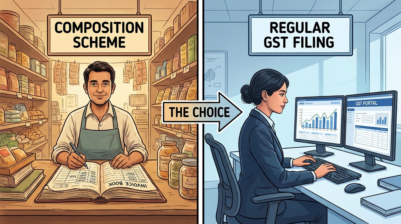 Split-screen illustration showing a small retail shop owner on one side with a simple invoice book, and a business office with computer-based GST filing on the other side, representing the choice between composition scheme and regular GST