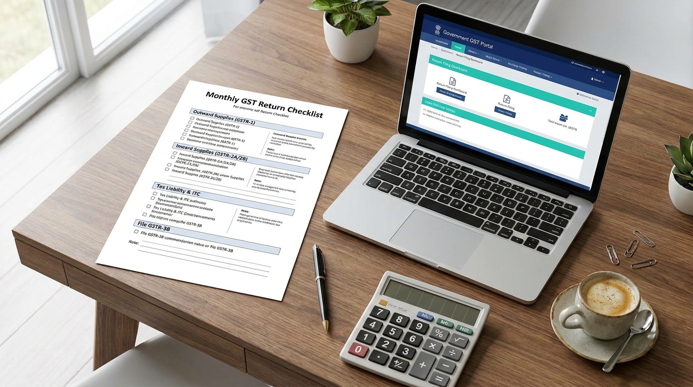 A flat-lay photo of a clean, printed monthly GST return checklist on a modern wooden desk next to a laptop displaying the GST portal, a calculator, and a cup of coffee
