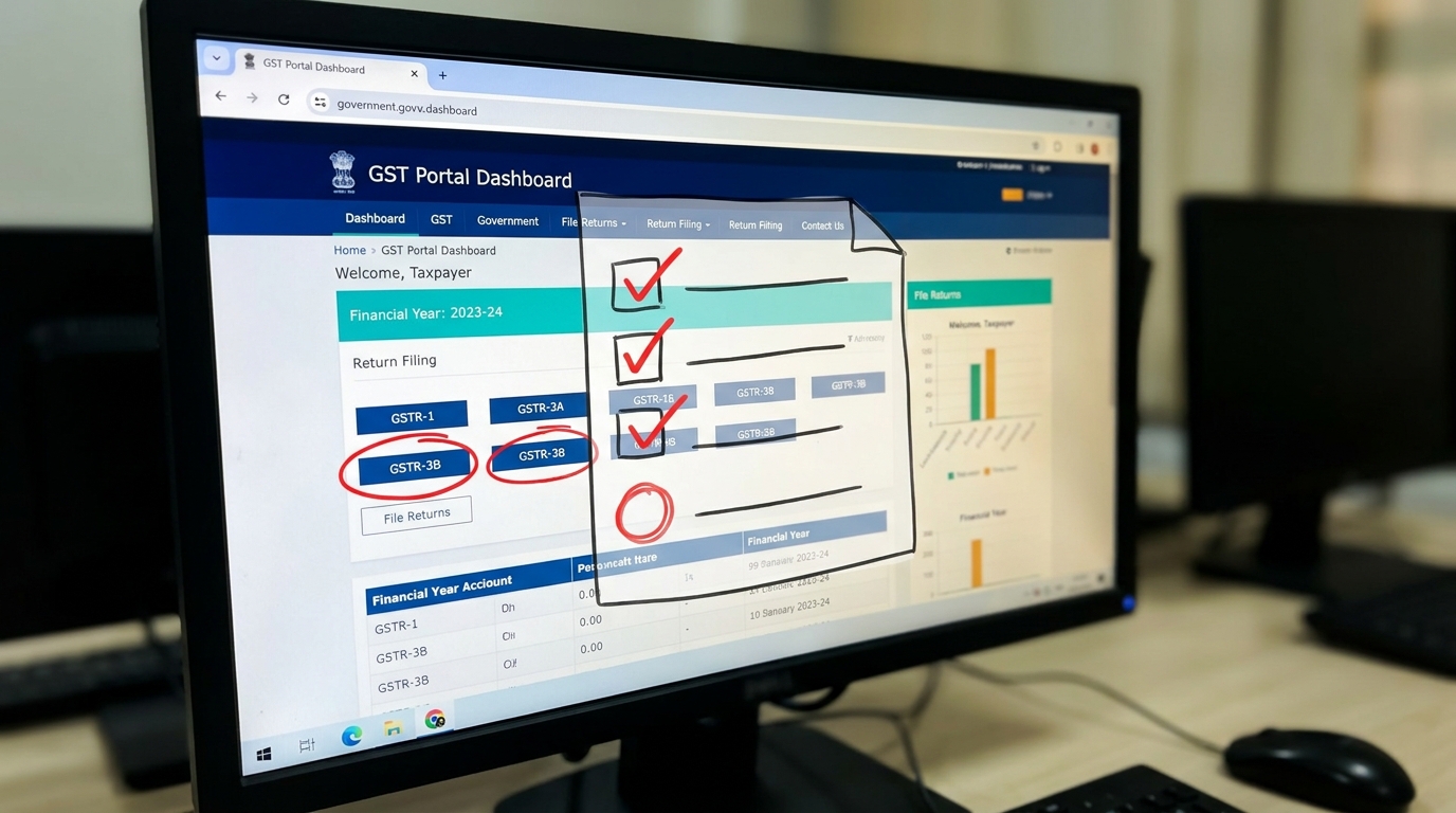 A close-up of a computer screen showing the GST portal dashboard with a checklist overlaid, highlighting the GSTR-1 and GSTR-3B filing buttons