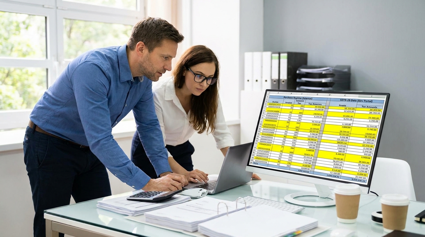 A business owner and accountant reviewing a laptop screen showing a spreadsheet with GST invoice matching columns, purchase register on one side, GSTR-2B data on the other, highlighted mismatched rows in yellow, office desk setting