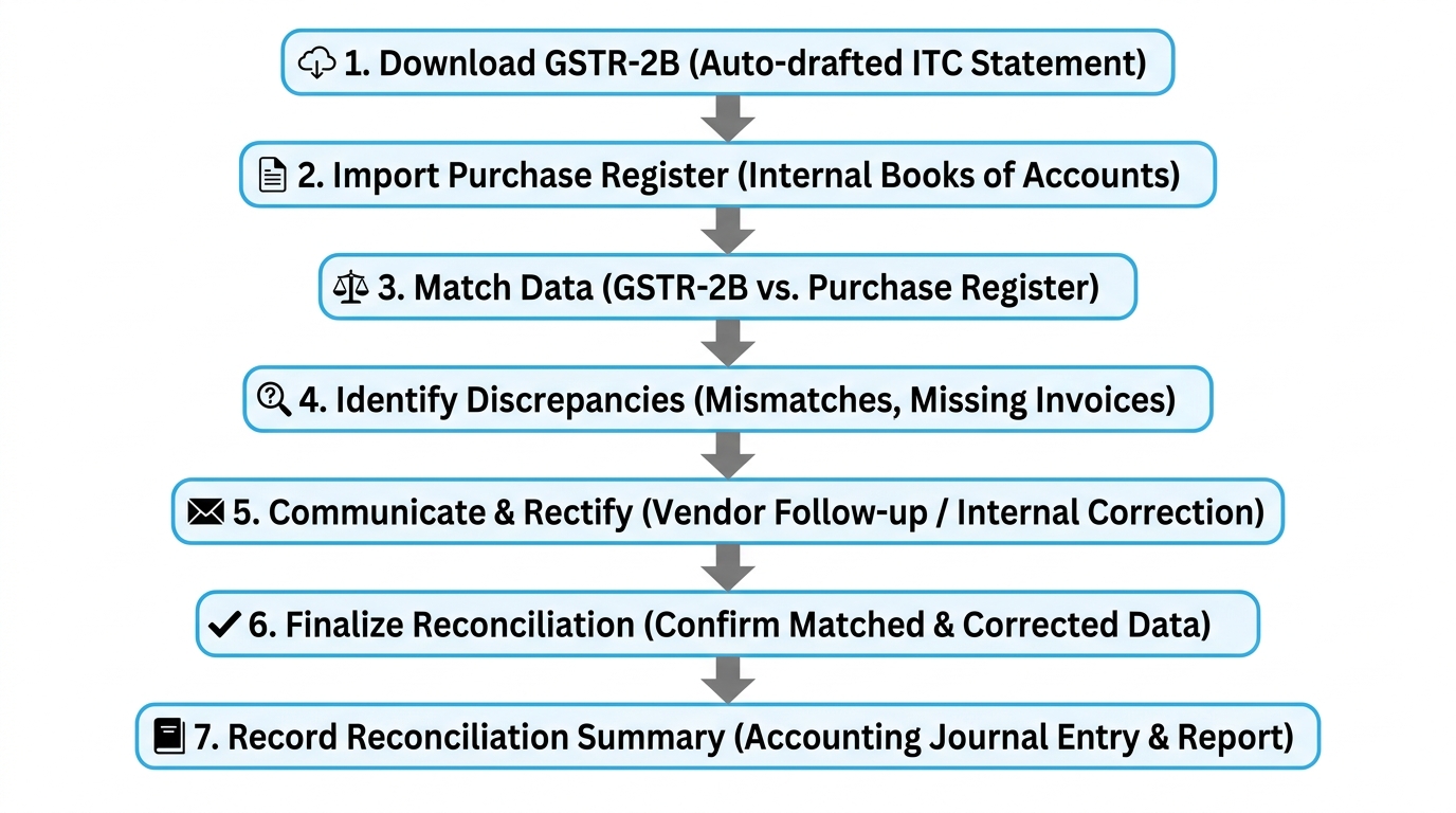 Simple flowchart showing the 7-step monthly GST reconciliation workflow from downloading GSTR-2B to recording the reconciliation summary, with arrows connecting each step, clean white background