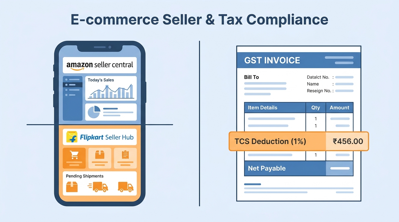 Split-screen illustration of a smartphone showing Amazon and Flipkart seller dashboards on one side, and a GST invoice with TCS deduction highlighted on the other, clean modern flat design in blue and orange tones