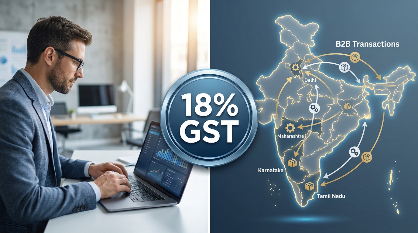 A split-screen digital graphic showing a modern consultant working on a laptop on the left, and a stylized map of India highlighting interstate B2B transactions on the right, overlaid with a bold "18% GST" badge in a professional corporate color palette.
