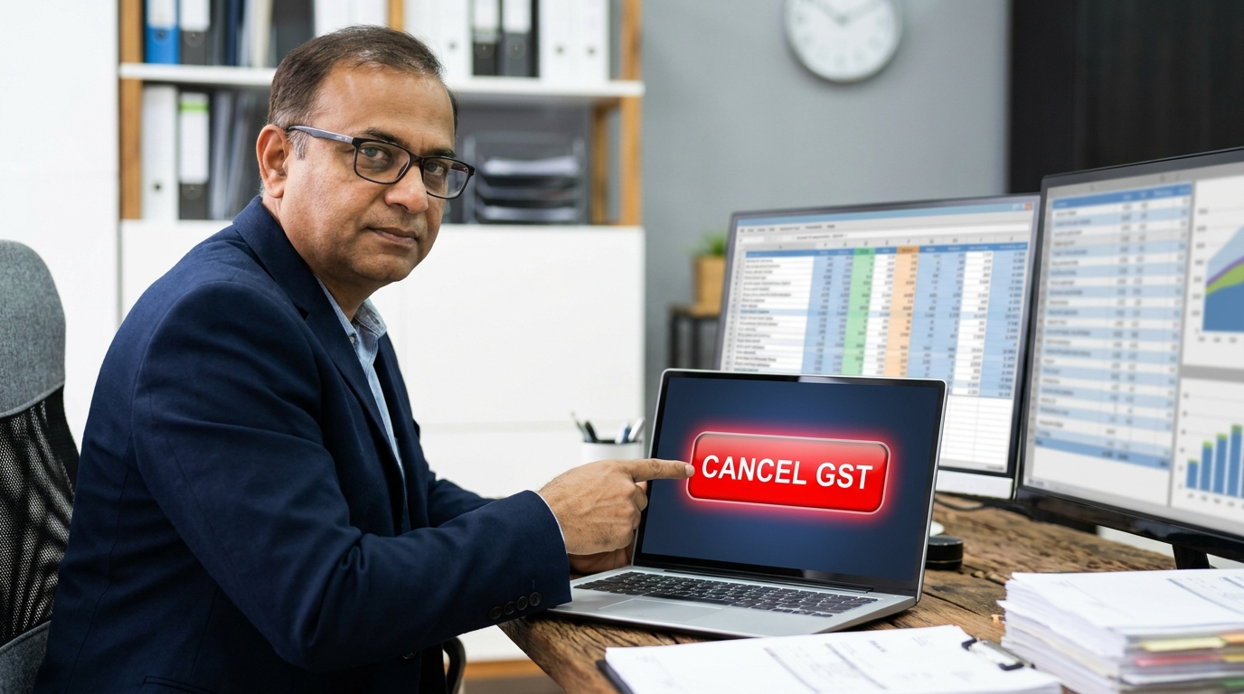 A professional Indian tax consultant pointing to a glowing red 'Cancel GST' button on a laptop screen, with digital tax documents in the background.