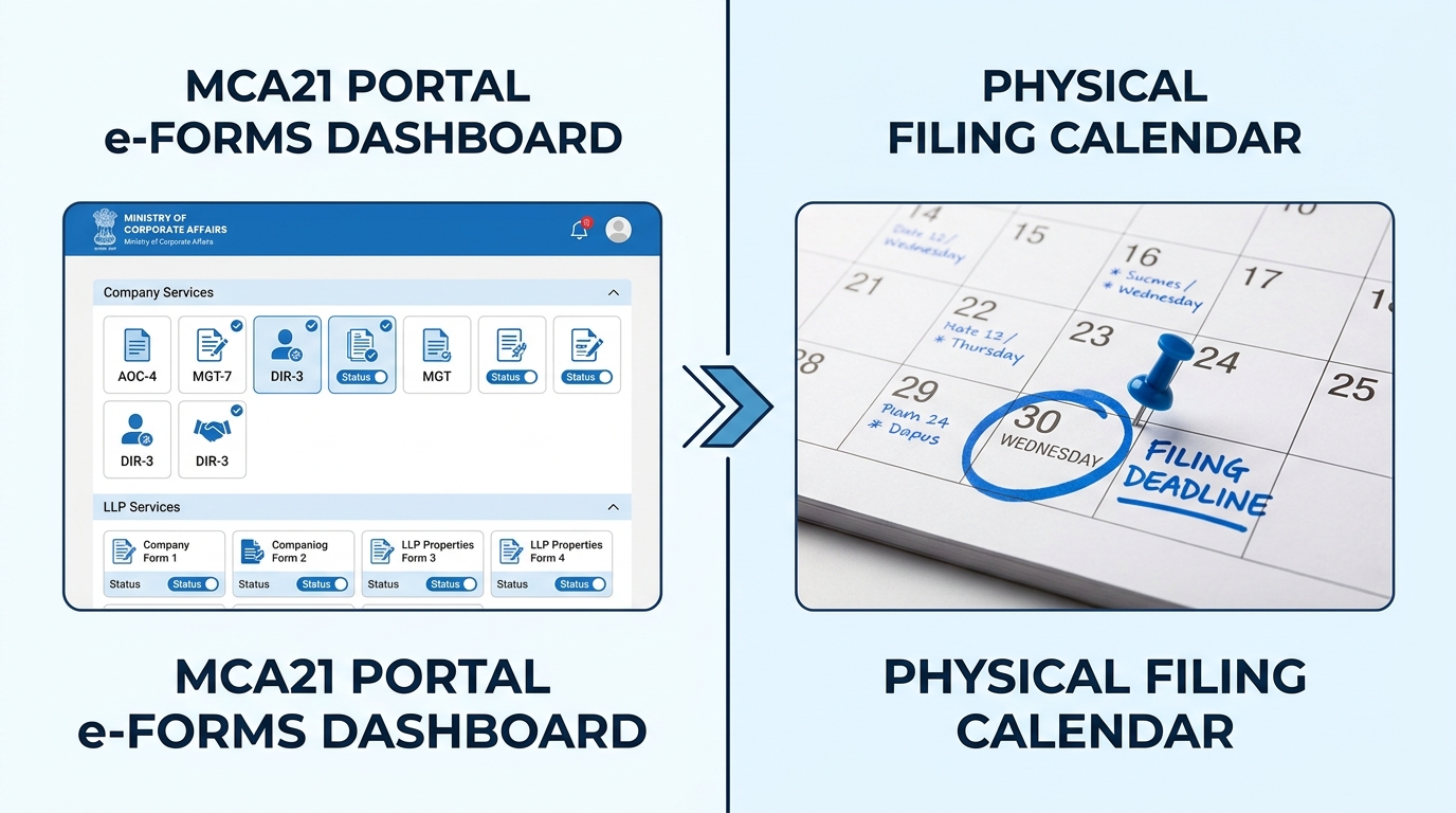 Split-screen graphic showing MCA21 portal e-Forms dashboard on the left and a physical filing calendar marked with October 30 deadline on the right, corporate blue and white color scheme