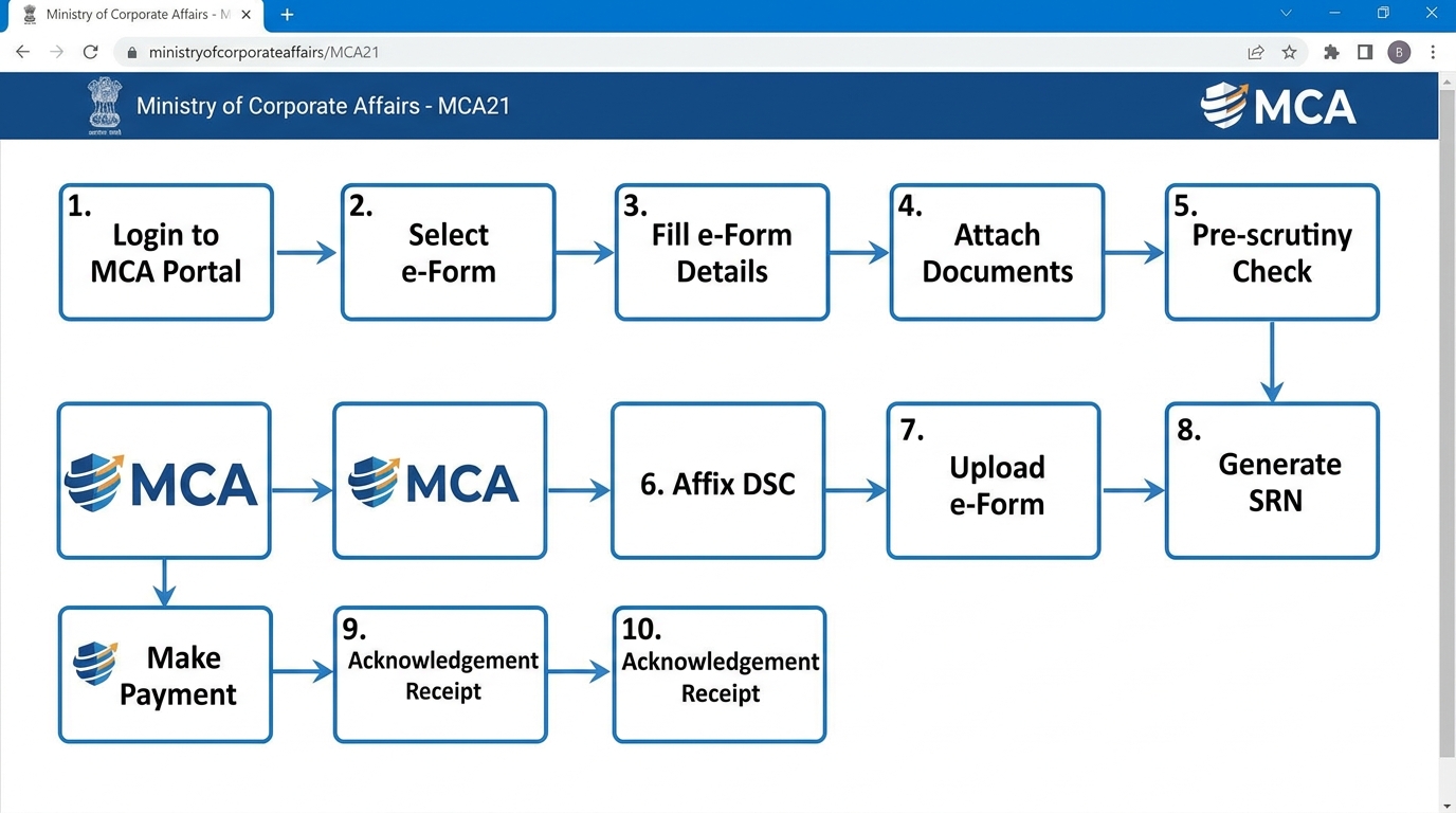 Screenshot-style flowchart showing the 10-step MCA21 filing sequence from login to SRN payment, numbered boxes connected by arrows, blue and white MCA branding