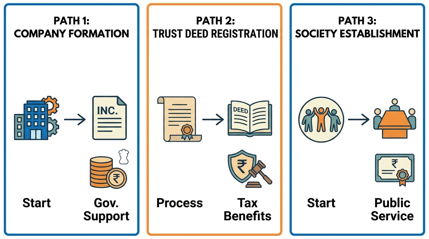 Split-panel infographic showing three paths - a company building icon, a trust deed scroll icon, and a society members circle icon - with Indian Rupee and government emblem motifs, clean flat design, blue and orange color scheme