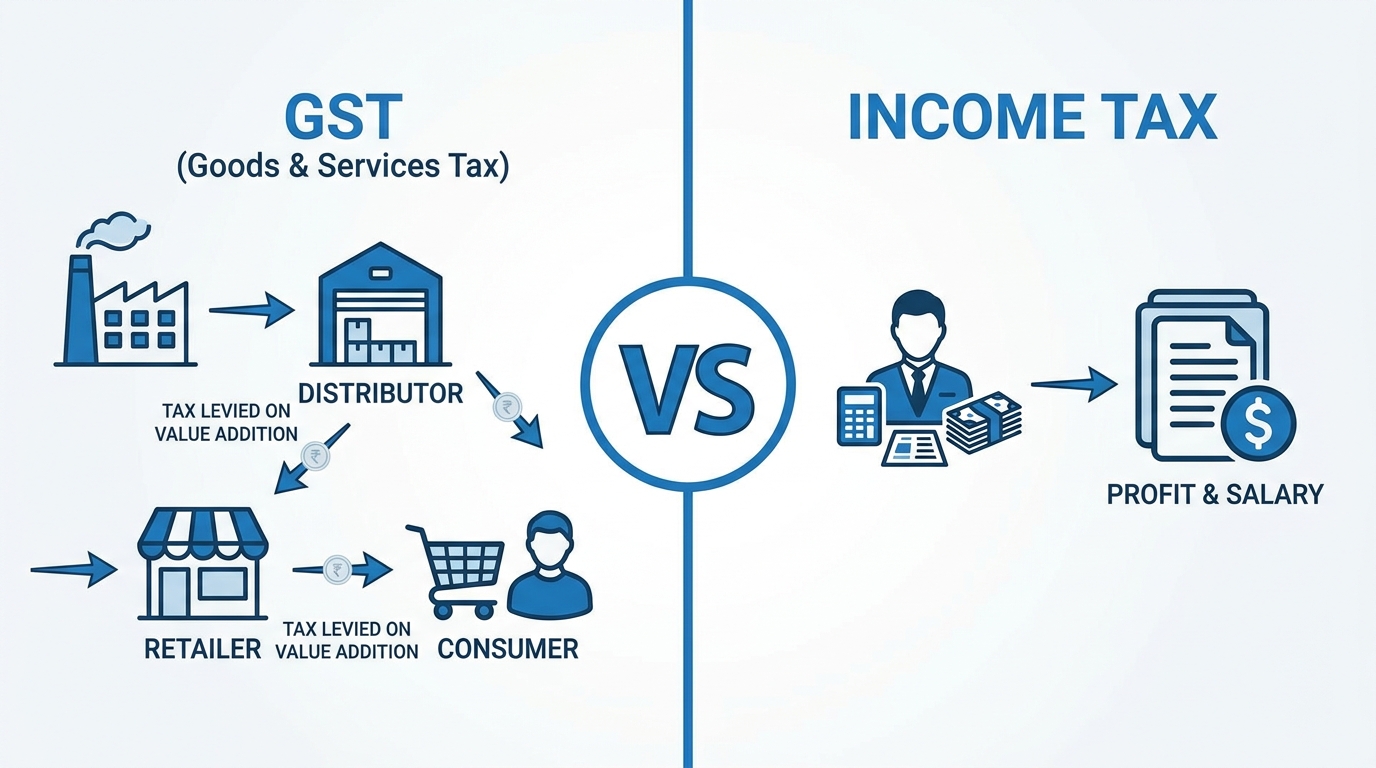 Split-screen infographic showing "GST" on the left with supply chain icons (factory, distributor, retailer, consumer) and "Income Tax" on the right with a profit/salary icon, connected by a "VS" divider, clean blue and white business design