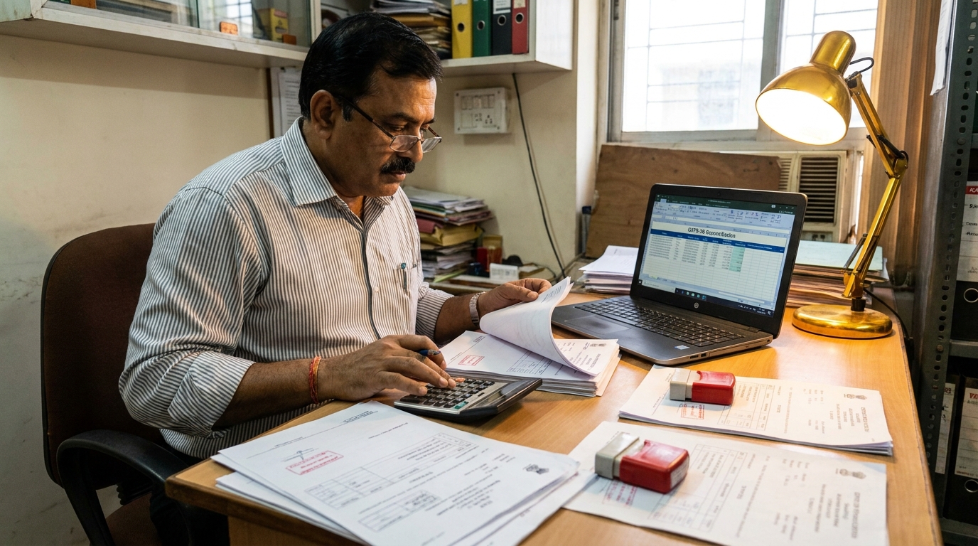 Indian small business owner reviewing GST invoices and a laptop showing GSTR-2B reconciliation report, desk with calculator and stamped tax documents, warm office lighting