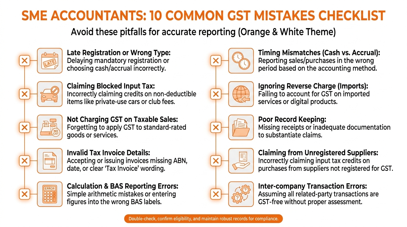 Simple checklist infographic showing 10 GST mistakes with small icons, orange and white color scheme, designed for SME accountants