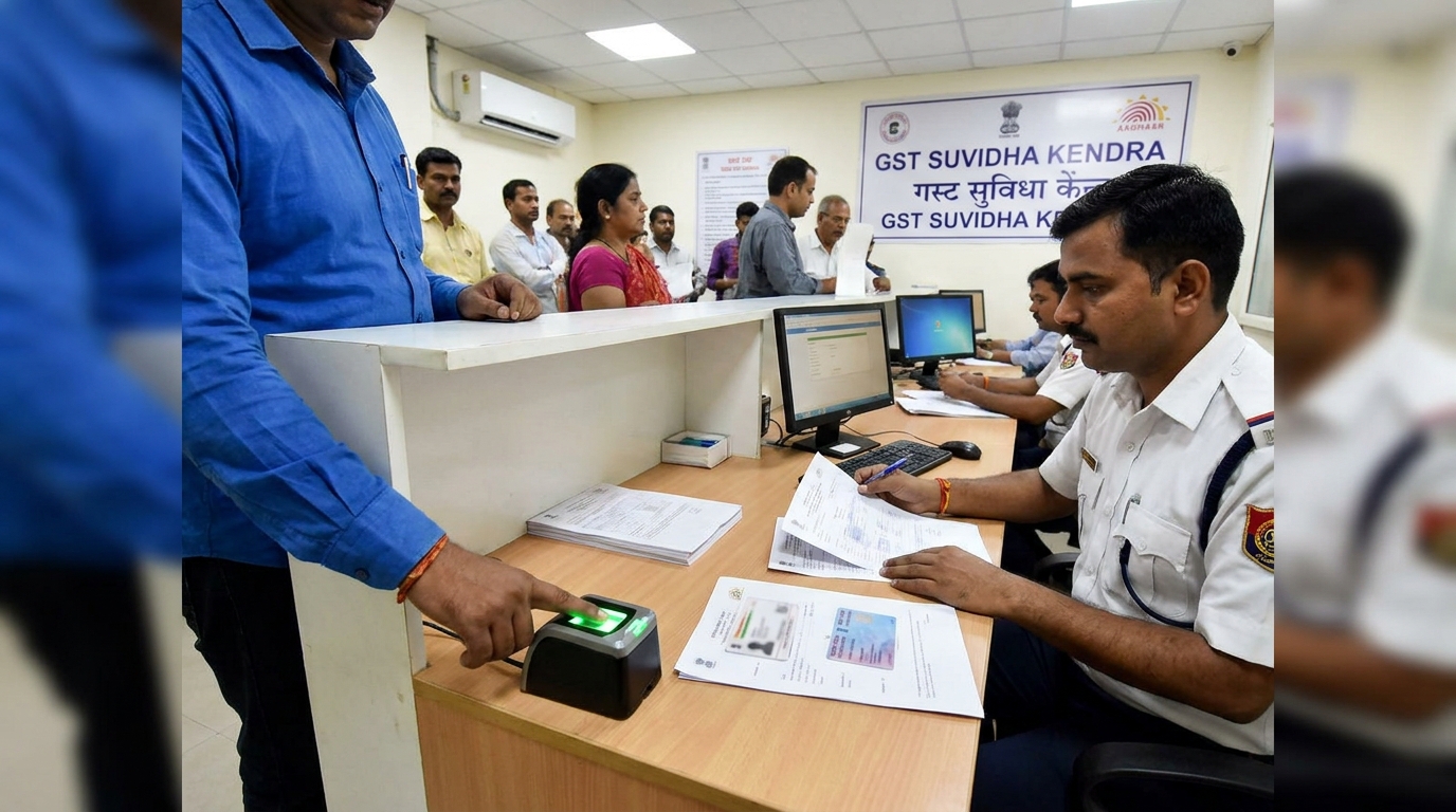 A person at a GST Suvidha Kendra counter placing their finger on a biometric fingerprint scanner while an official checks documents on a desk with Aadhaar and PAN cards visible, bright office setting