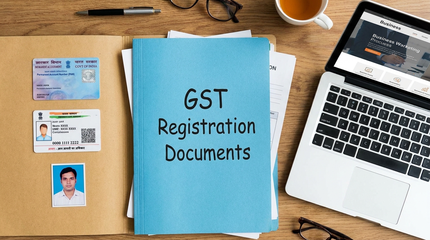 A flat-lay top view of a desk featuring an Indian PAN card, an Aadhaar card, a passport-sized photo, and a blue folder marked "GST Registration Documents" next to a laptop